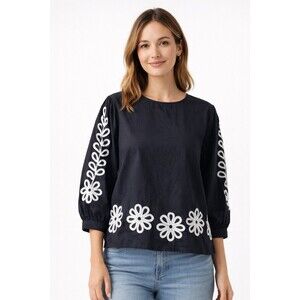 Rain Women’s Black Blouse White Floral Embroidery 3/4 Sleeve Size S Cotton